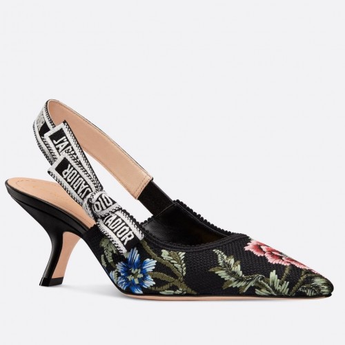 Dior J'Adior Slingback Pumps 65mm In Black Petites Fleurs Embroidered Cotton