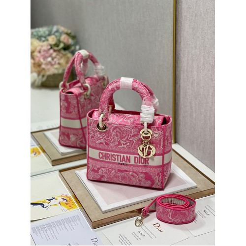 Dior Lady D-Lite Medium Bag In Fluorescent Pink Toile de Jouy Reverse Embroidery