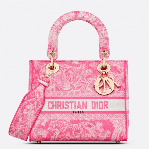 D*or lady d-lite medium bag in fluorescent pink toile de jouy reverse embroidery