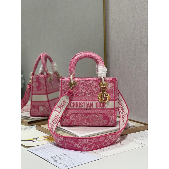 D*or lady d-lite medium bag in fluorescent pink toile de jouy reverse embroidery