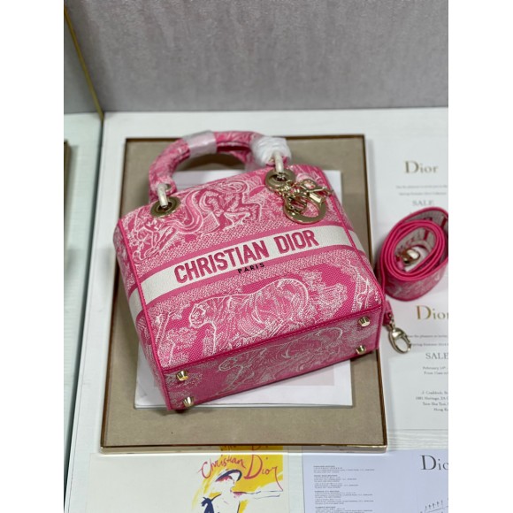 D*or lady d-lite medium bag in fluorescent pink toile de jouy reverse embroidery