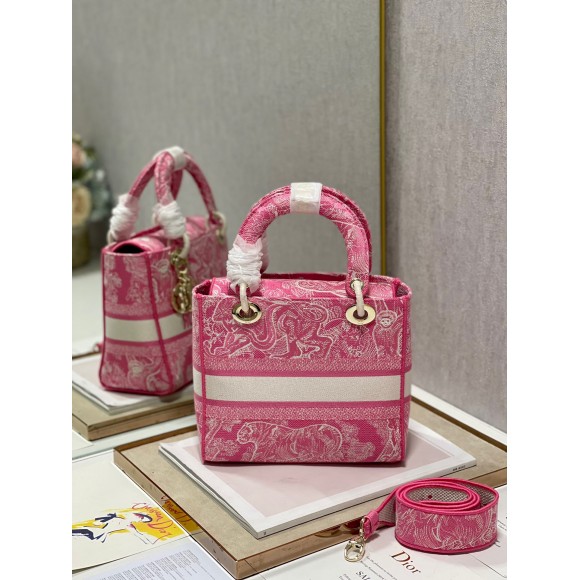 D*or lady d-lite medium bag in fluorescent pink toile de jouy reverse embroidery