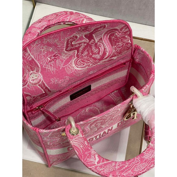 D*or lady d-lite medium bag in fluorescent pink toile de jouy reverse embroidery