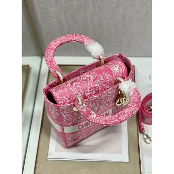 D*or lady d-lite medium bag in fluorescent pink toile de jouy reverse embroidery