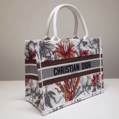 Dior Medium Book Tote In White Camouflage With Multicolored Flowers