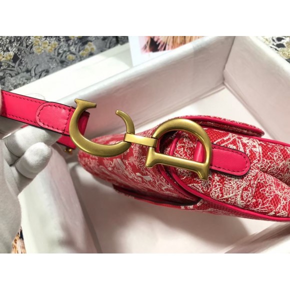 D*or saddle bag in red toile de jouy reverse jacquard