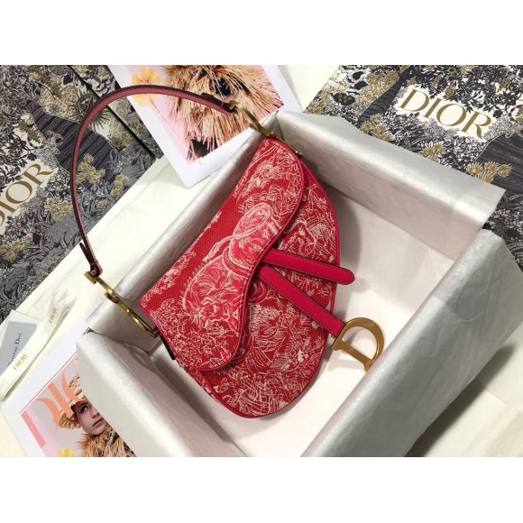 D*or saddle bag in red toile de jouy reverse jacquard