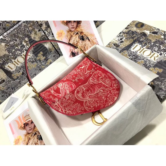 D*or saddle bag in red toile de jouy reverse jacquard