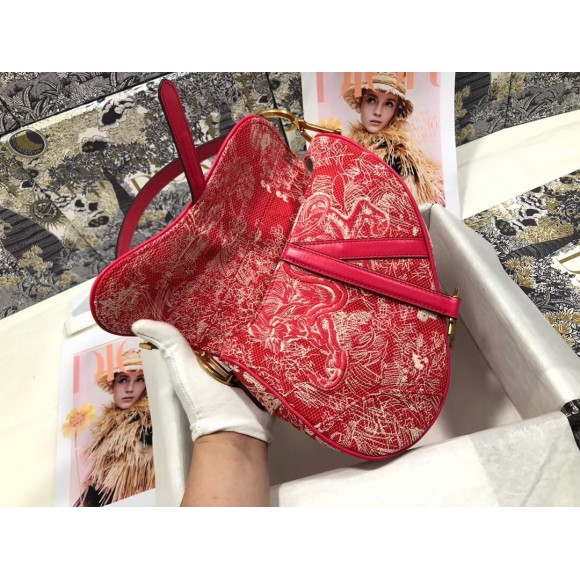 D*or saddle bag in red toile de jouy reverse jacquard