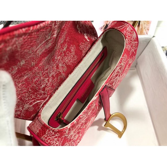 D*or saddle bag in red toile de jouy reverse jacquard