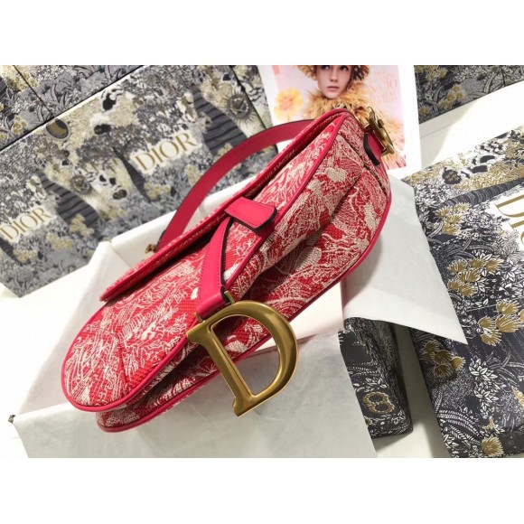 D*or saddle bag in red toile de jouy reverse jacquard