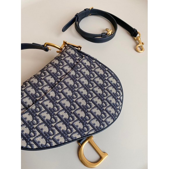 D*or saddle bag with strap in blue oblique jacquard