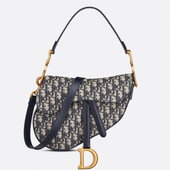 D*or saddle bag with strap in blue oblique jacquard