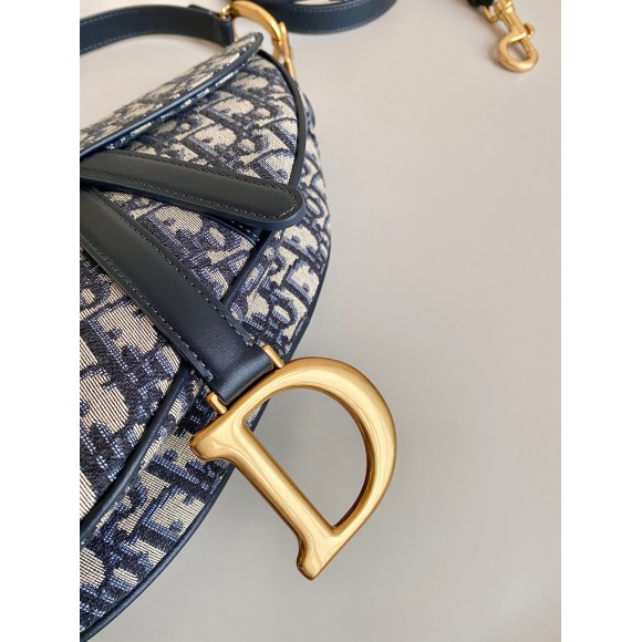 D*or saddle bag with strap in blue oblique jacquard