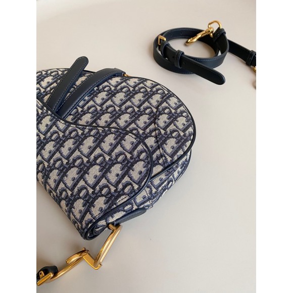 D*or saddle bag with strap in blue oblique jacquard