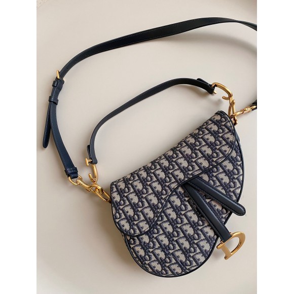 D*or saddle bag with strap in blue oblique jacquard