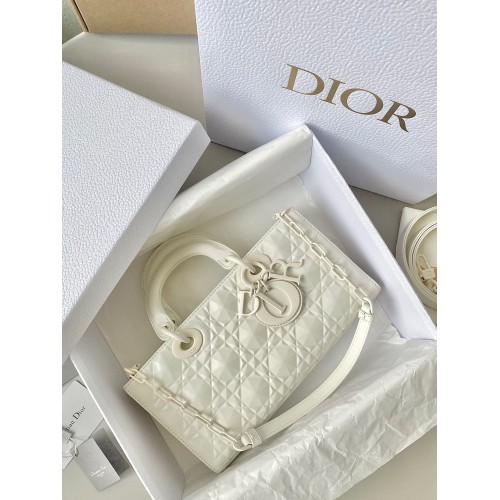 Dior Lady D-Joy Medium Bag In White Calfskin with Diamond Motif