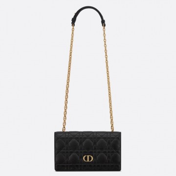 Dior Caro Belt Pouch with Chain In Black Calfskin Dior Caro Belt Pouch with Chain In Black Calfskin