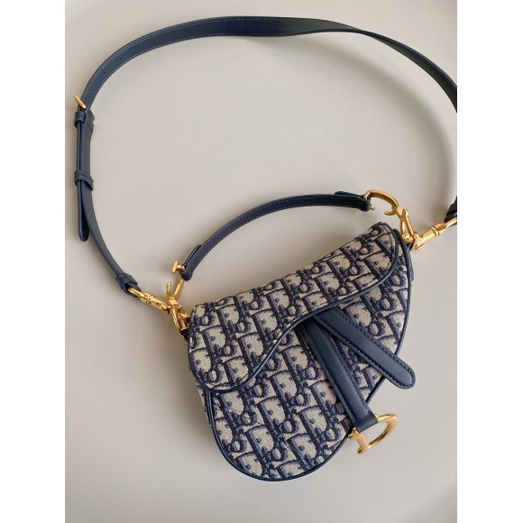 D*or mini saddle bag with strap in blue oblique jacquard