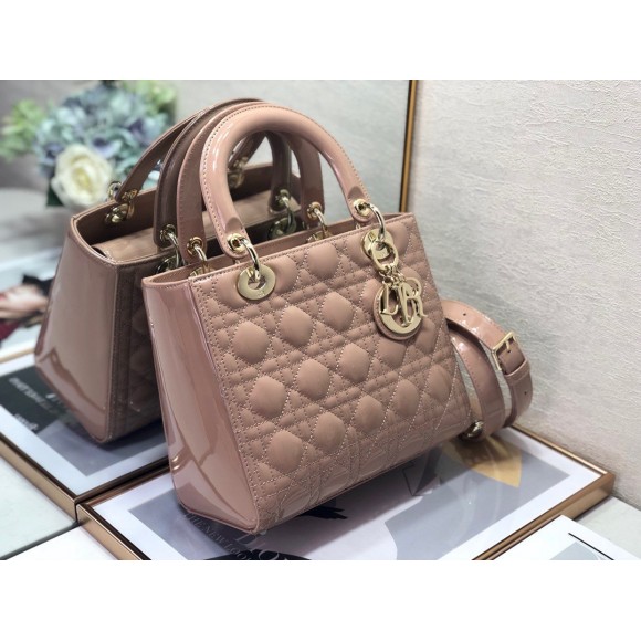 D*or lady D*or medium bag in blush patent cannage calfskin