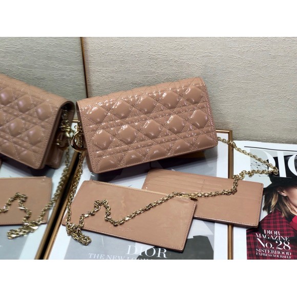 D*or lady D*or chain pouch in blush patent cannage calfskin