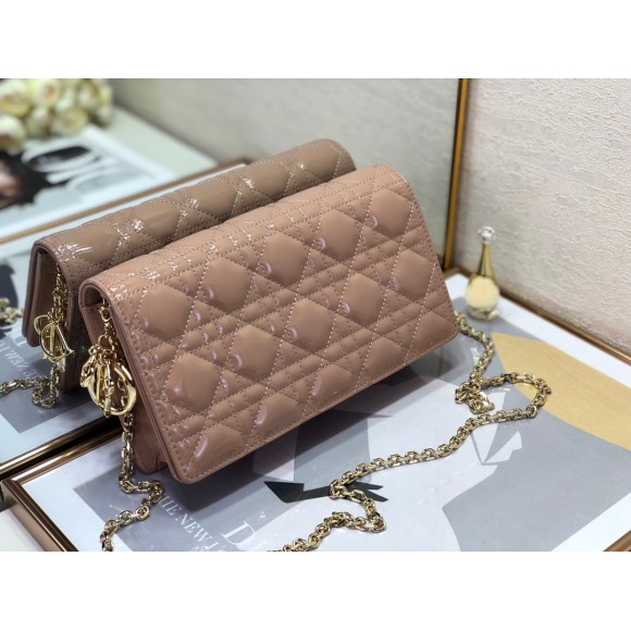 D*or lady D*or chain pouch in blush patent cannage calfskin