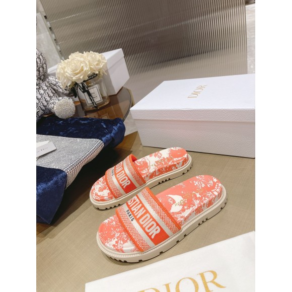 D*or dway slides in bright orange toile de jouy embroidered cotton