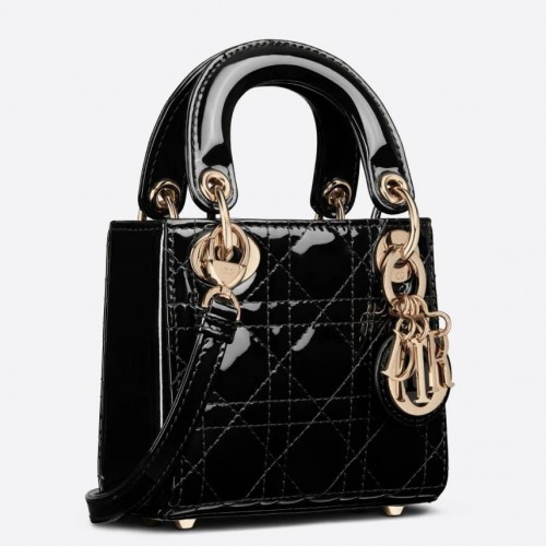 Dior Lady Dior Micro Bag In Black Patent Cannage Calfskin