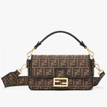 Fendi Large Baguette Bag In Brown FF Jacquard Fabric Fendi Large Baguette Bag In Brown FF Jacquard Fabric