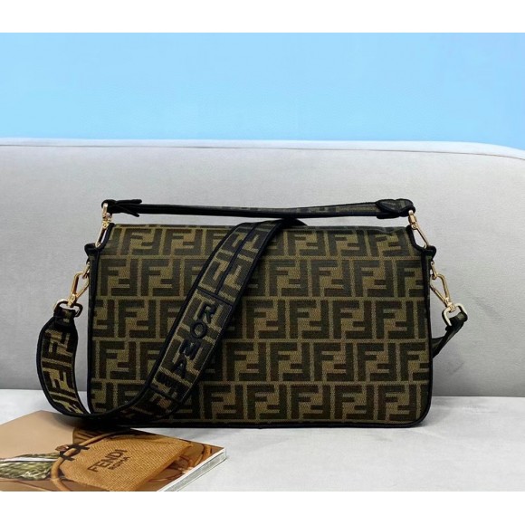 F**di large baguette bag in brown ff jacquard fabric