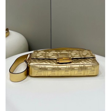 Fendi Large Baguette Bag In Gold FF Metallic Leather Fendi Large Baguette Bag In Gold FF Metallic Leather