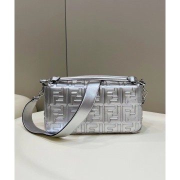 Fendi Large Baguette Bag In Silver FF Metallic Leather Fendi Large Baguette Bag In Silver FF Metallic Leather