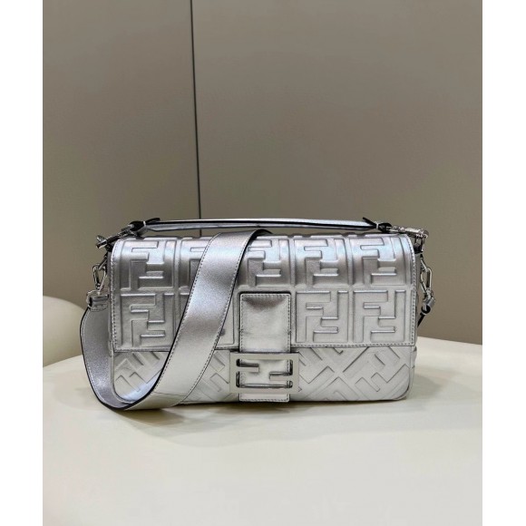 F**di large baguette bag in silver ff metallic leather