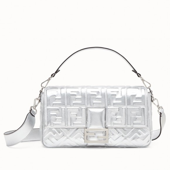 F**di large baguette bag in silver ff metallic leather