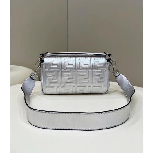 Fendi Medium Baguette Bag In Silver FF Metallic Leather