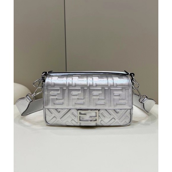 F**di medium baguette bag in silver ff metallic leather