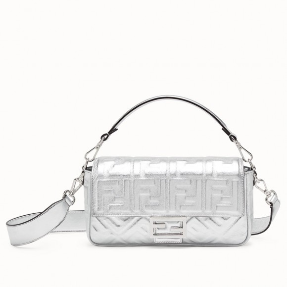 F**di medium baguette bag in silver ff metallic leather