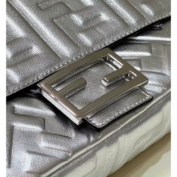 F**di medium baguette bag in silver ff metallic leather