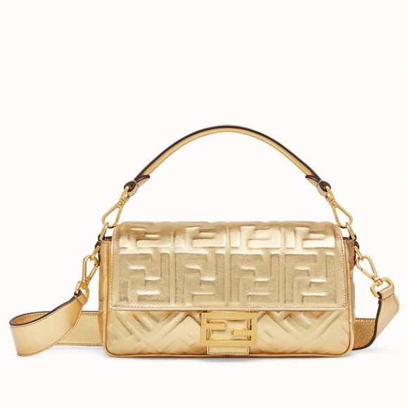 F**di medium baguette bag in gold ff metallic leather