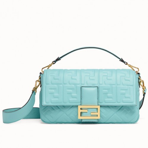 Fendi Large Baguette Bag In Blue FF Nappa Leather Fendi Large Baguette Bag In Blue FF Nappa Leather