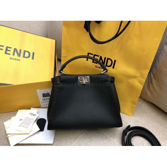 F**di peekaboo mini selleria bag in black romano leather