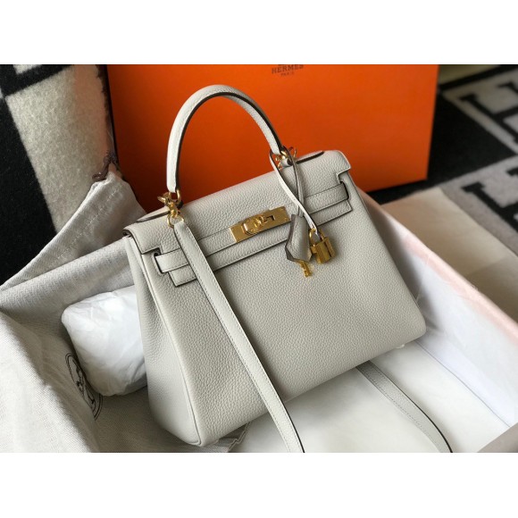 H**mes kelly 32cm retourne bag in pearl grey clemence leather ghw