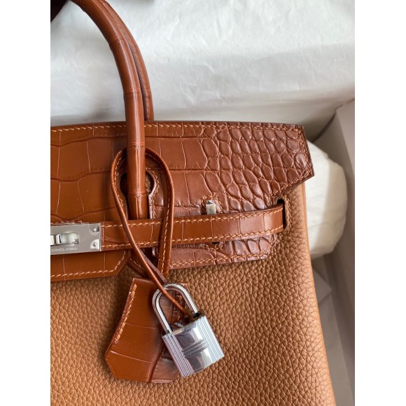 H**mes touch birkin 25 bag in gold togo and matte alligator leather