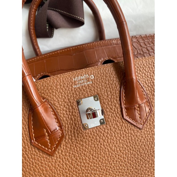 H**mes touch birkin 25 bag in gold togo and matte alligator leather