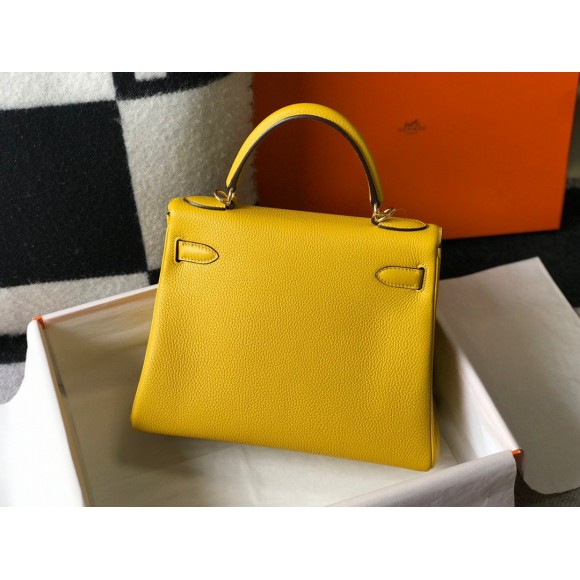 H**mes kelly 28cm retourne bag in yellow clemence leather ghw