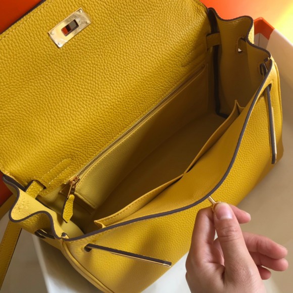 H**mes kelly 28cm retourne bag in yellow clemence leather ghw