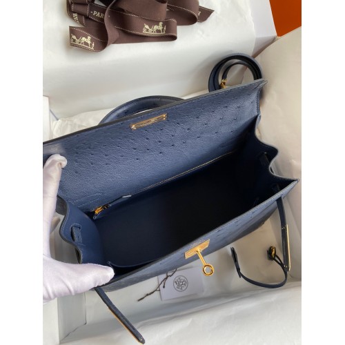 Hermes Kelly Sellier 28 Handmade Bag In Blue Iris Ostrich Leather