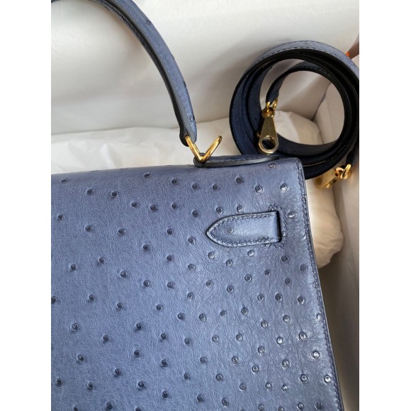 H**mes kelly sellier 28 handmade bag in blue iris ostrich leather