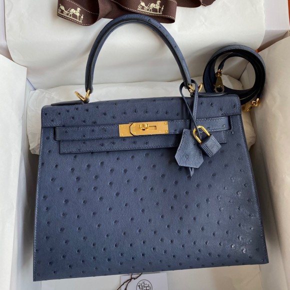 H**mes kelly sellier 28 handmade bag in blue iris ostrich leather