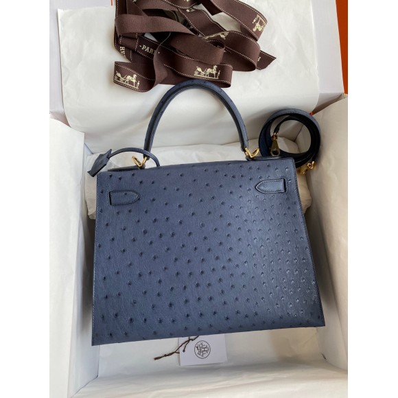 H**mes kelly sellier 28 handmade bag in blue iris ostrich leather